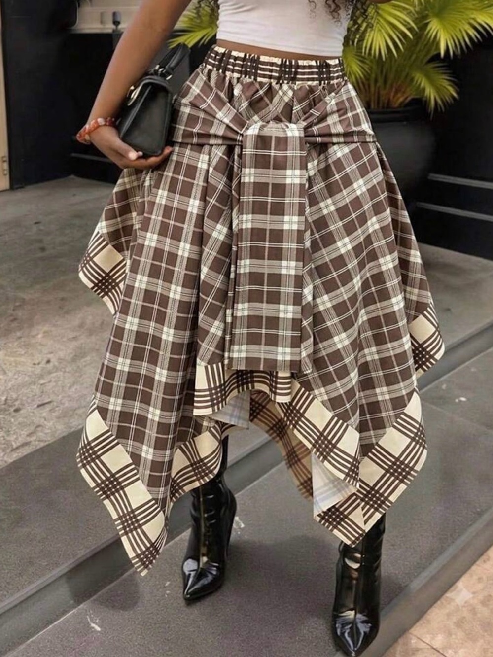 SHEIN Brown & Cream Plaid Asymmetrical Handkerchief Skirt